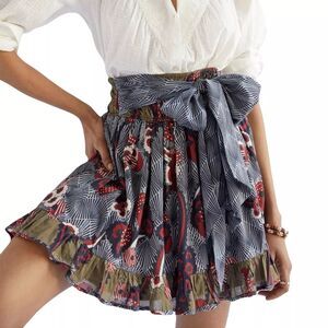 Anthropologie Let Me Be Ruffled Mini Skirt Sz XS Tie Waist Floral A Line Boho